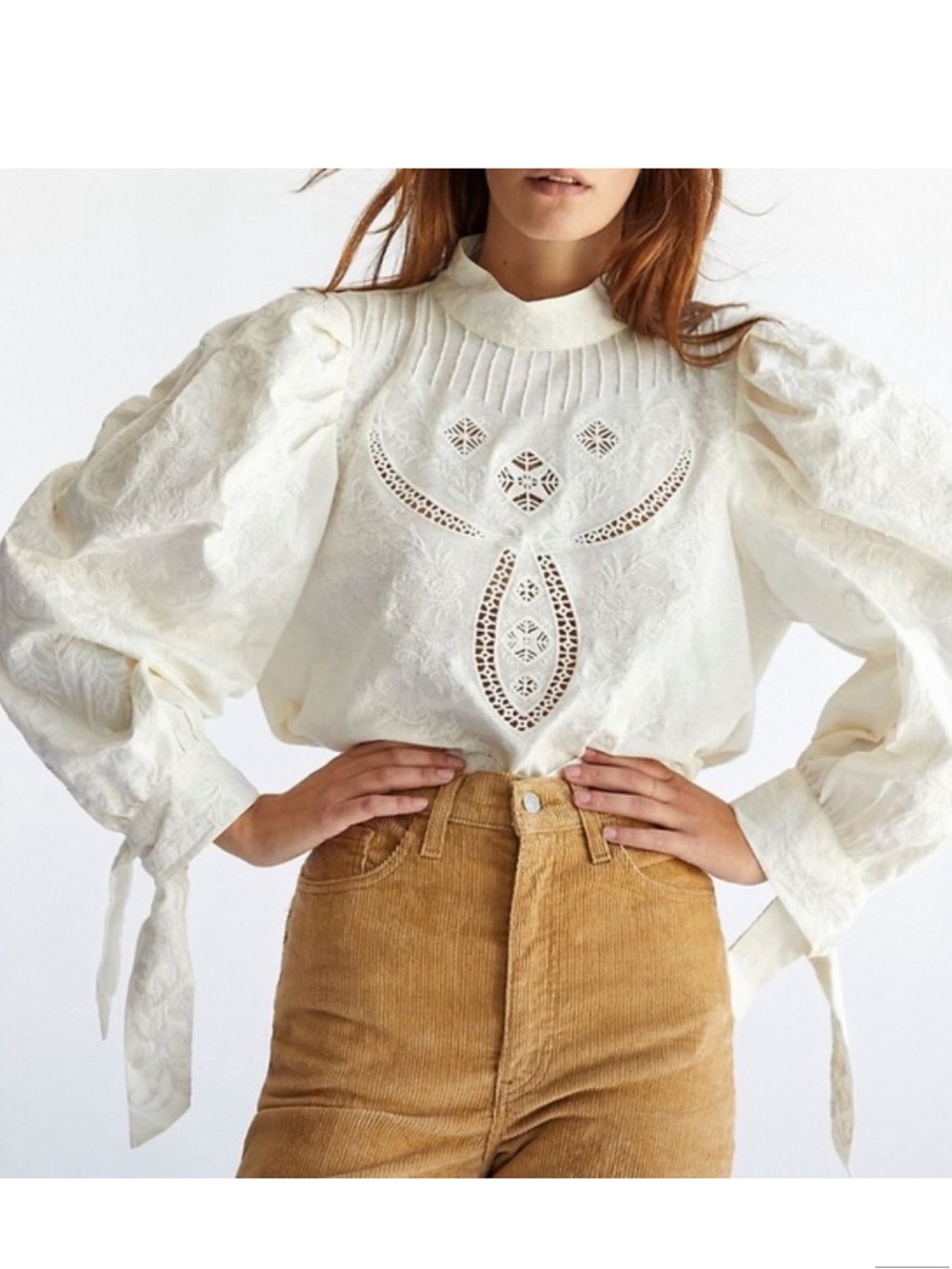 NWT Free People Ivory Lace High-Neck Puff Sleeve Top - Picture 2 of 6